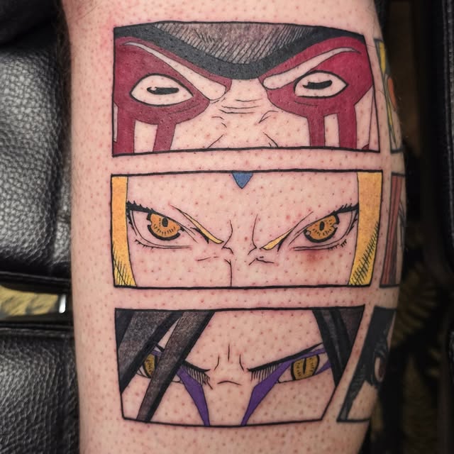 Three stacked panels showing anime character faces with distinct features: burgundy mask with closed eyes, blonde hair with golden eyes, and black hair with purple eyes, displayed on forearm.