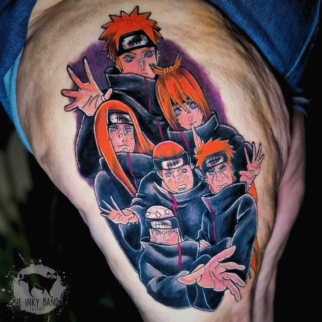 Naruto characters from the anime series tattooed on upper arm, featuring five ninja with orange and black accents on purple background.