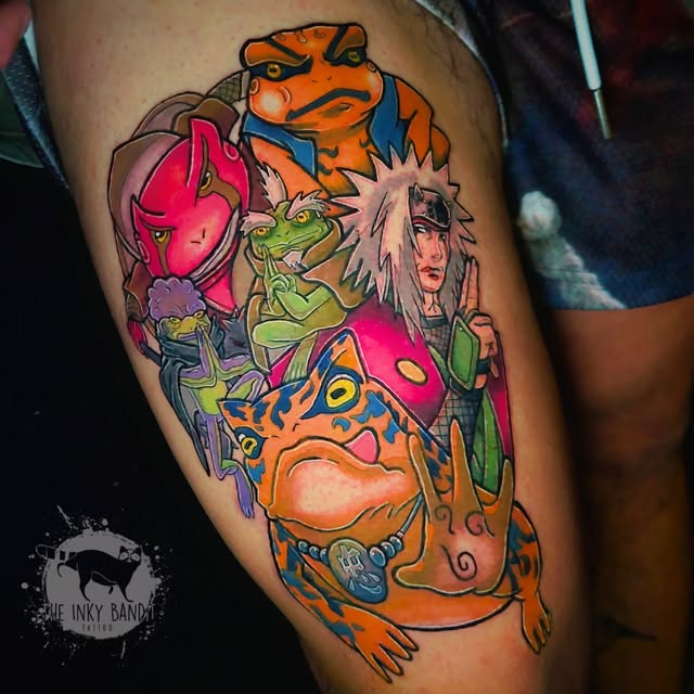 Teenage Mutant Ninja Turtles tattoo on thigh featuring four turtles in orange and blue masks, a pink-faced character, and a spiky-haired figure in green.