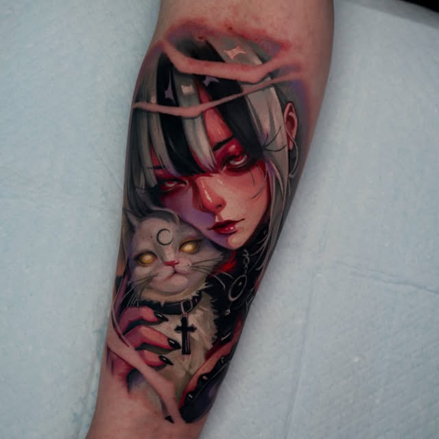 Anime girl character with grey hair and red eyes wearing sunglasses, holding a cat with golden eyes and cross collar, tattooed on forearm in red and purple tones.
