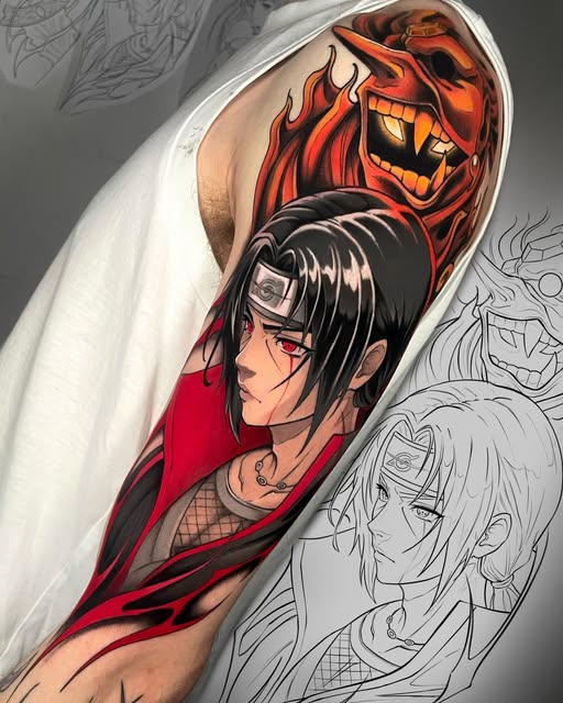 Itachi Uchiha from Naruto on forearm with red and black armor, a demonic red face mask above, surrounded by sketch outlines.