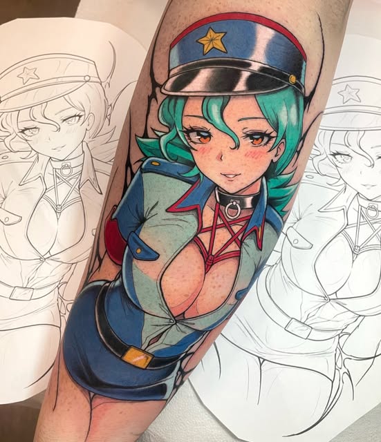 Turquoise-haired anime character with captain's hat and red outfit tattooed on forearm, surrounded by sketch designs.