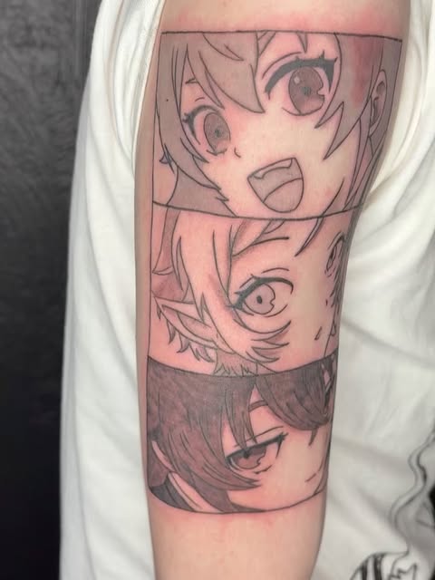 Three manga character faces stacked vertically on upper arm, featuring large expressive eyes and varying expressions in black ink with pink skin tones.