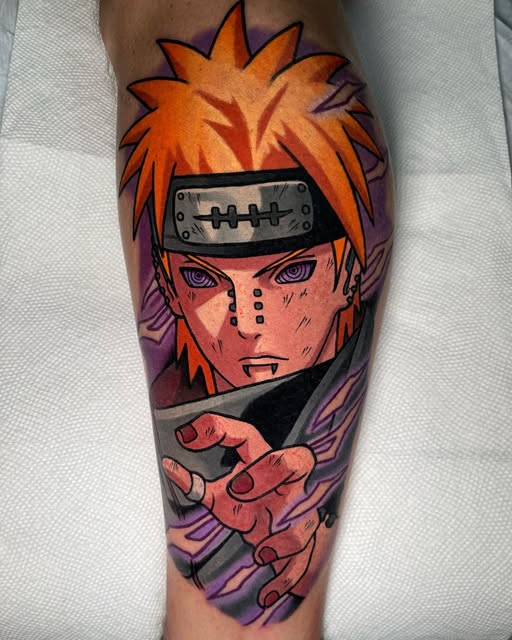 Naruto Uzumaki tattoo on a calf featuring spiky orange hair, forehead protector, whisker marks, and purple chakra energy effects with black outlines.