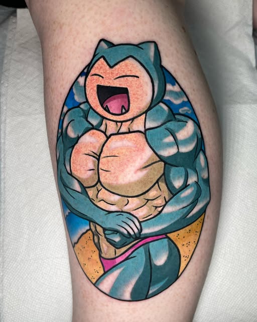 Squirtle from Pokémon on a calf, depicted with muscular human anatomy, laughing with mouth open, wearing purple shorts, rendered in blue, peach, and tan colors.