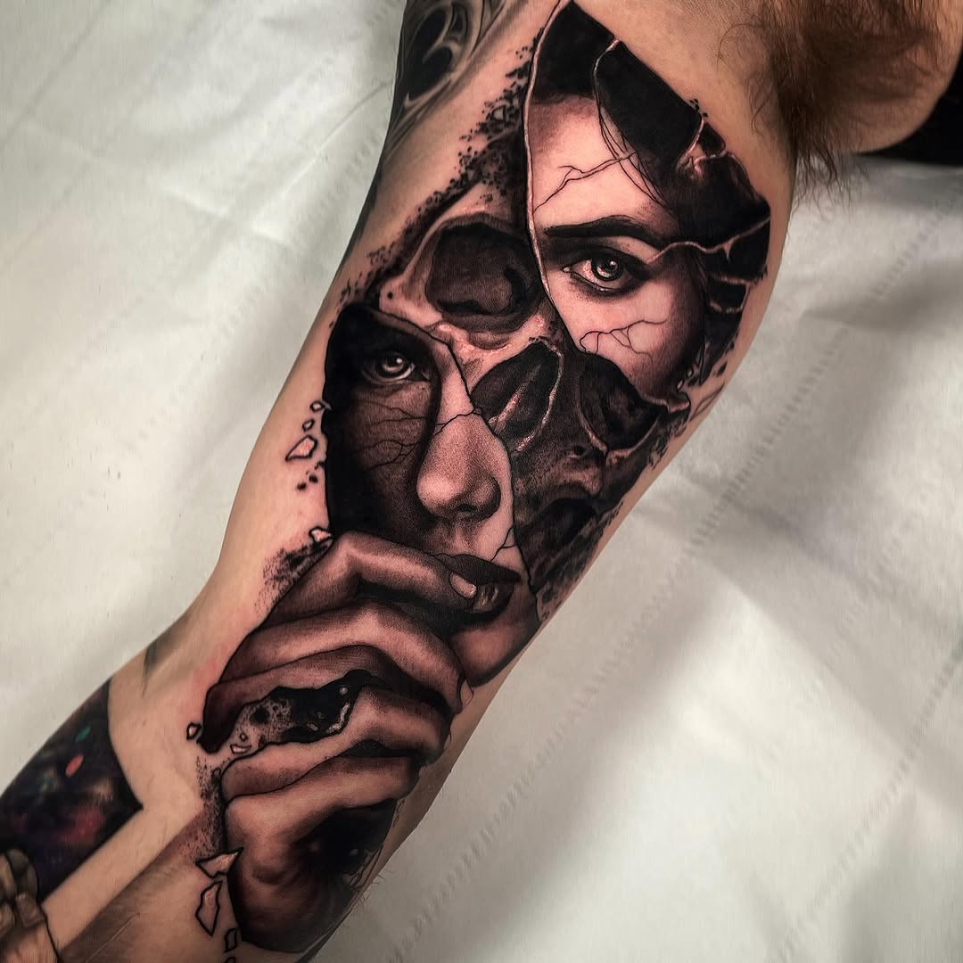 Black and grey portrait tattoo of multiple overlapping faces with intense eyes on forearm, showing realistic shading and detail work.
