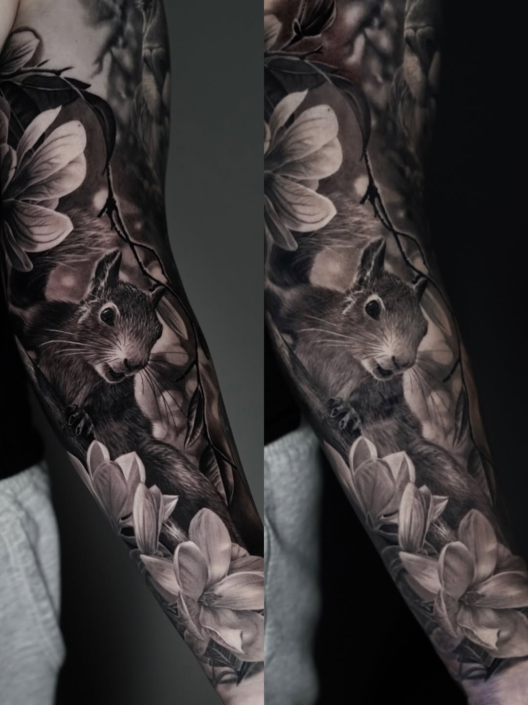 Monochrome portrait of a squirrel surrounded by flowering branches and botanical elements on the forearm.