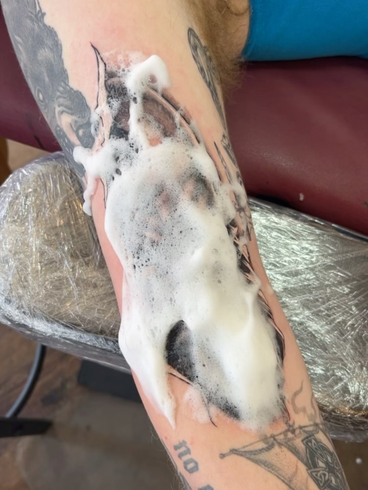 Black and grey realistic horse head tattoo on inner arm with soft shading and detailed facial features.