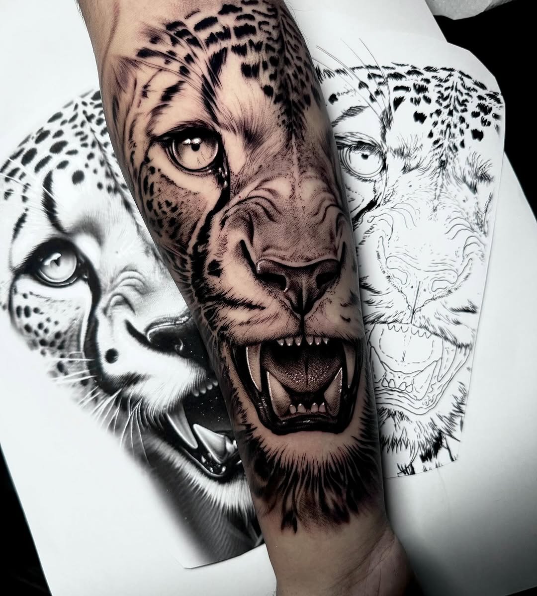Three black and grey snow leopard heads with detailed fur and facial features tattooed on an arm, showing different artistic renditions.