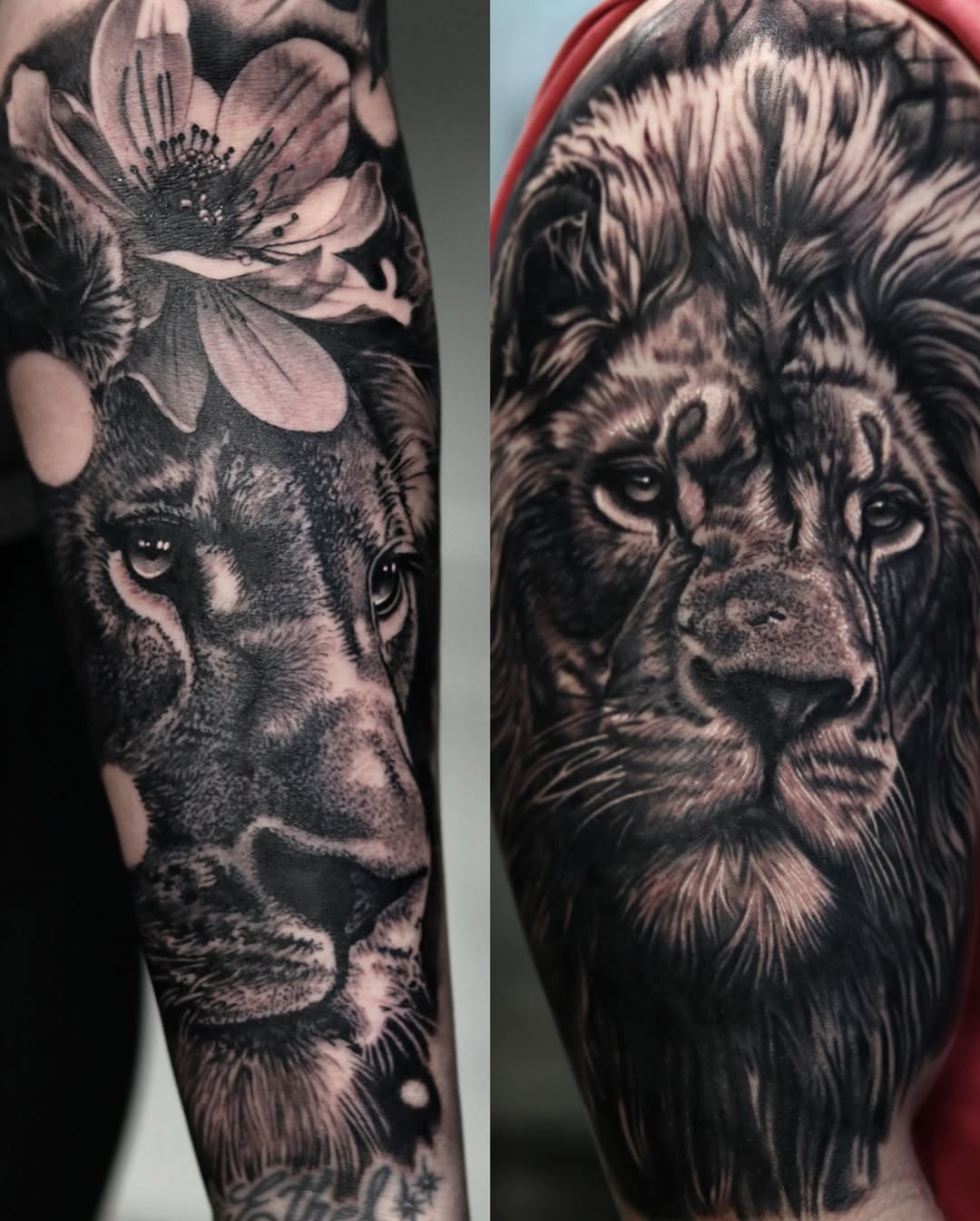 Black and grey realism tattoo of a lion's face with a delicate flower above it on an arm.