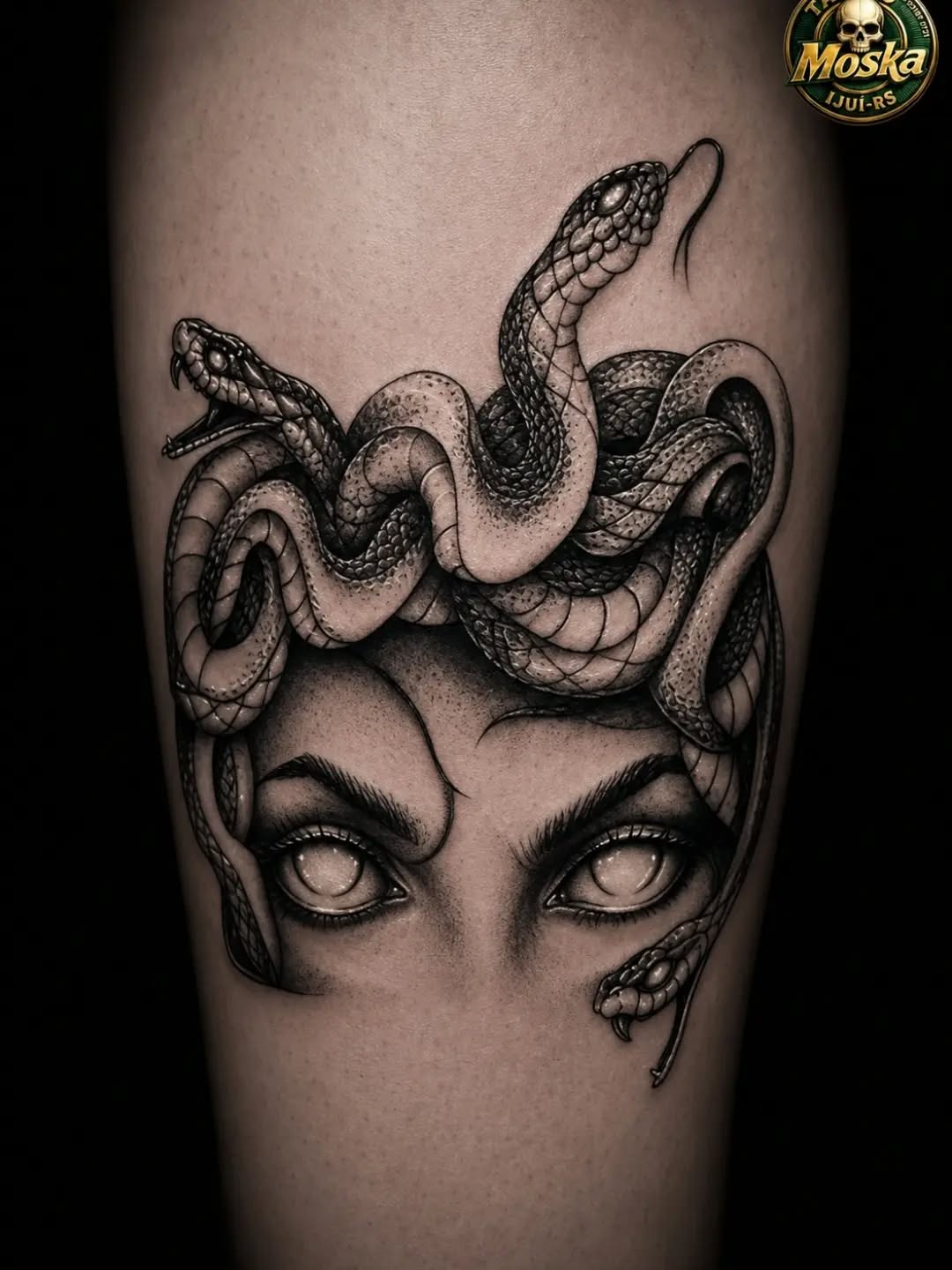 Monochromatic portrait of a female head with snakes coiled around it, intricate scale detailing, thigh placement.