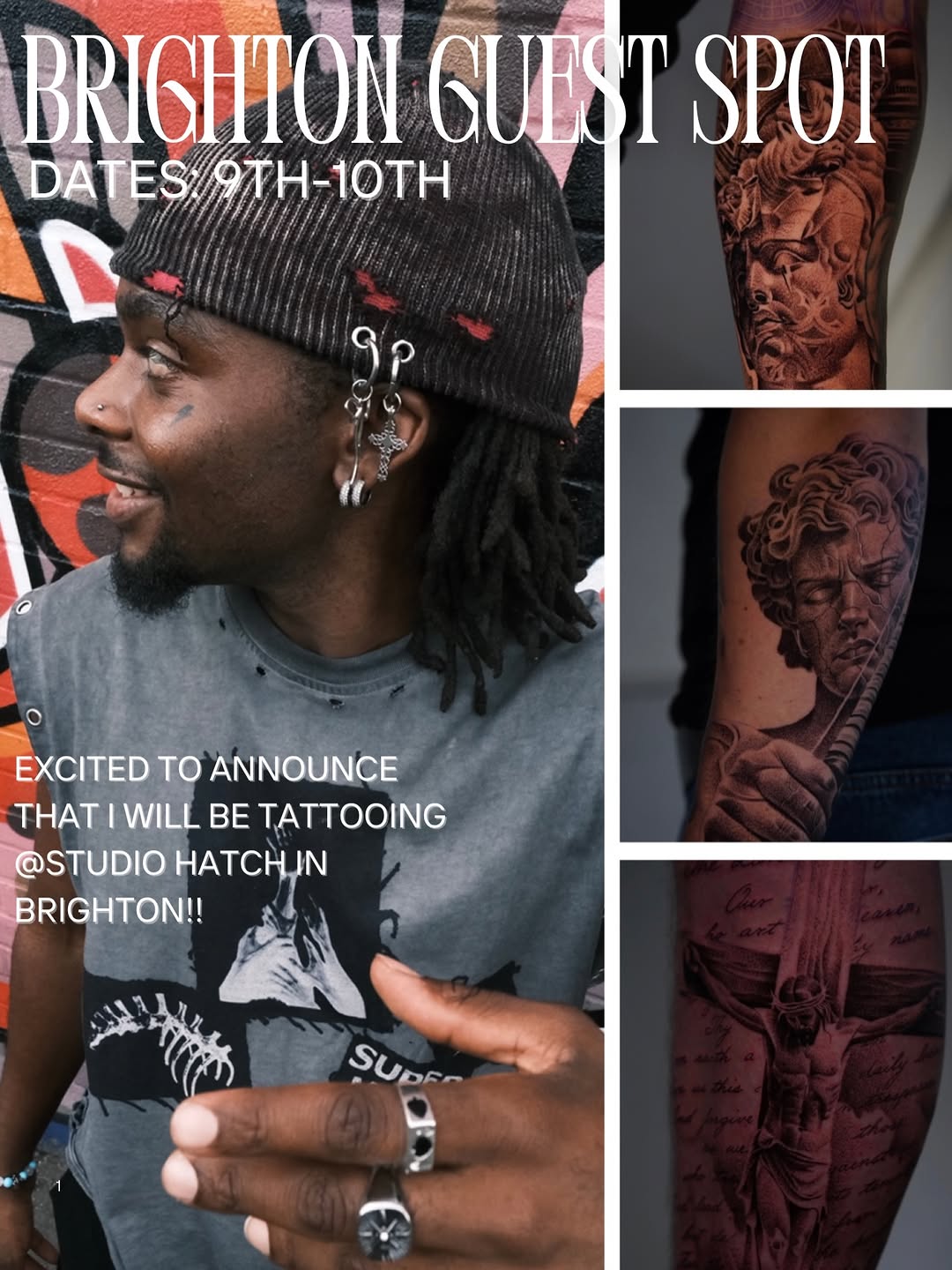 Classical male portrait tattoos in black and grey with detailed facial features and flowing hair on arms and legs.