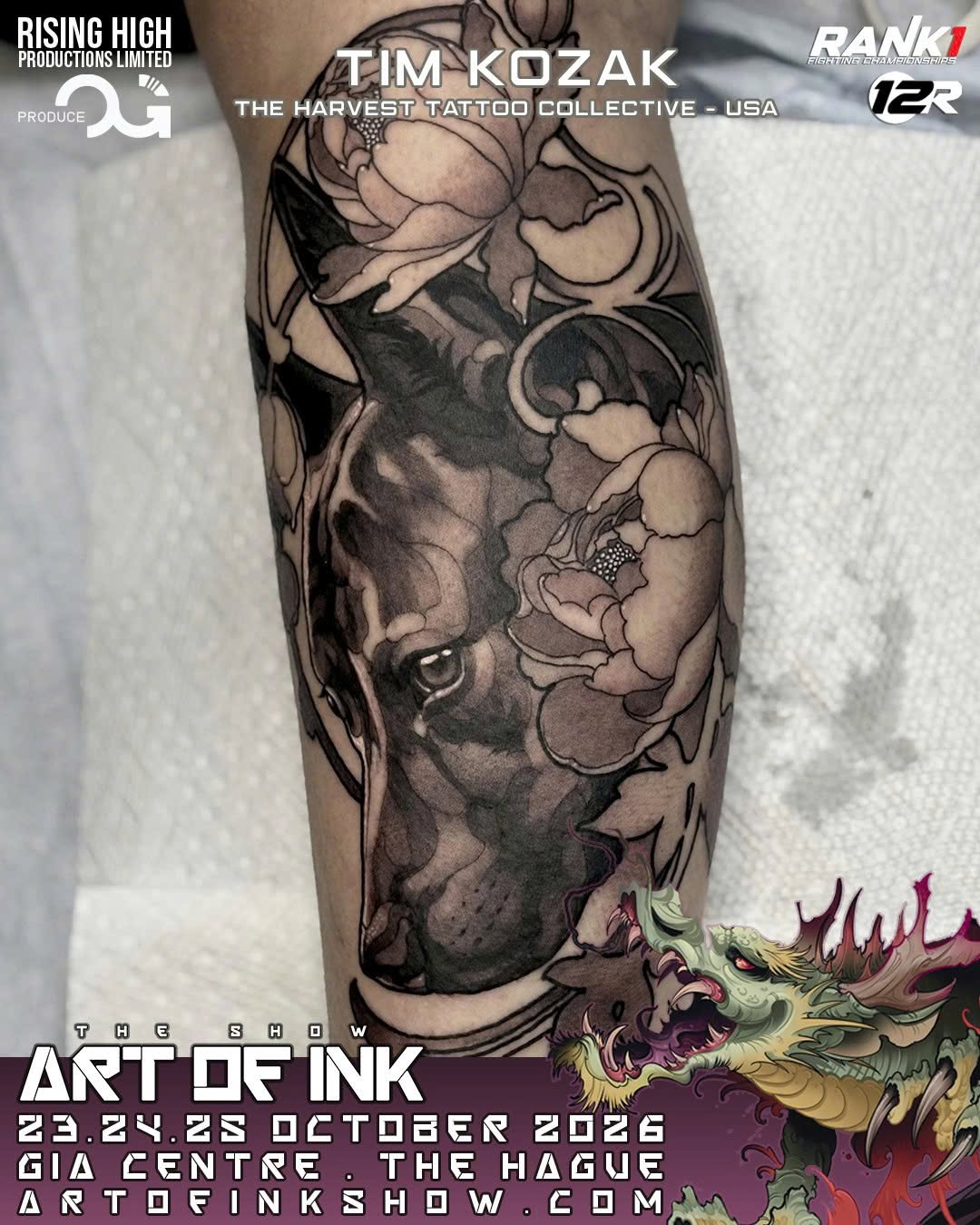 Black and grey tattoo of a wolf's head with peonies on the calf, featuring realistic shading and soft tonal gradients.