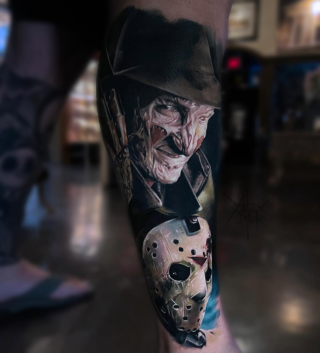 Horror movie character portrait with fedora and hockey mask, rendered in vivid realistic color on skin.