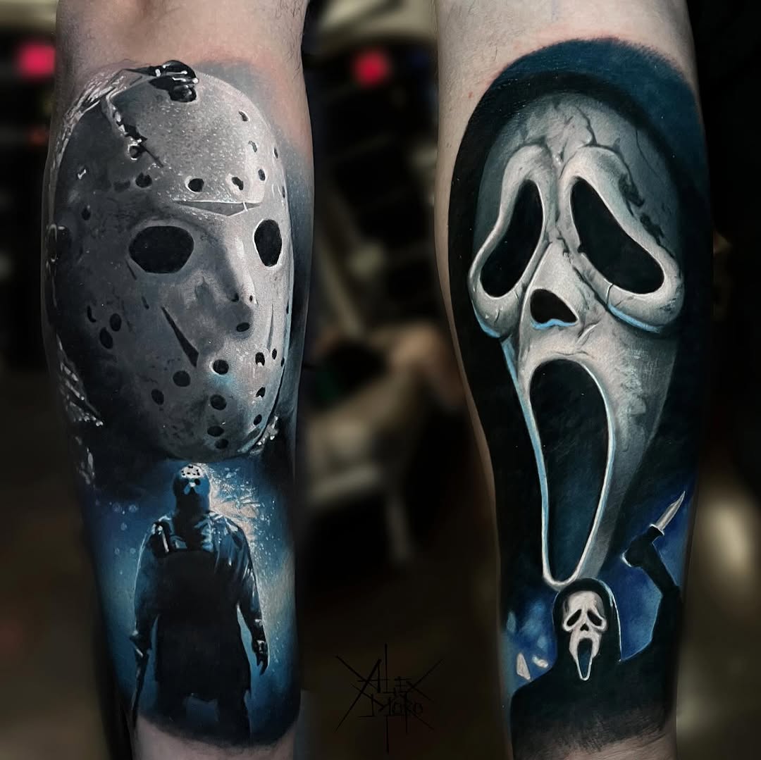 Two leg tattoos of horror movie masks, Jason and Ghostface, in realistic color rendering.