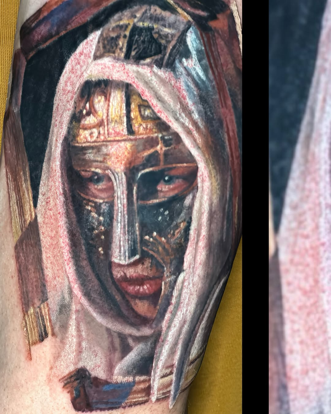 Portrait of a figure wearing an ornate metallic mask and white head covering with detailed facial features and jewelry.