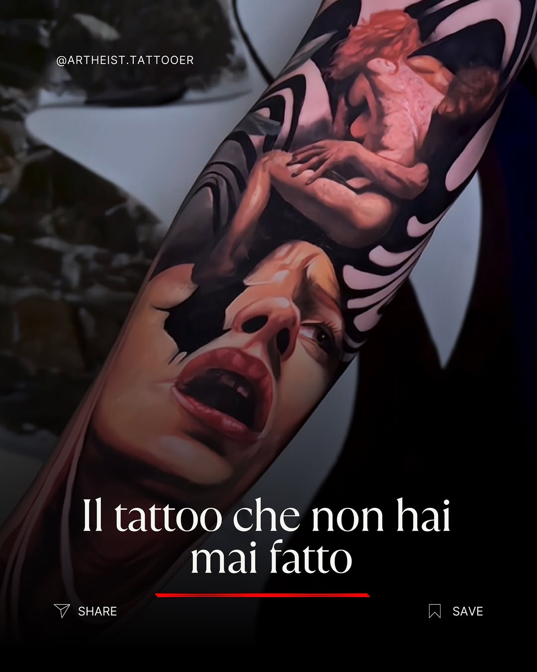 Photorealistic color portrait of an anime character's face and upper body on the forearm, with geometric black line patterns framing the design.