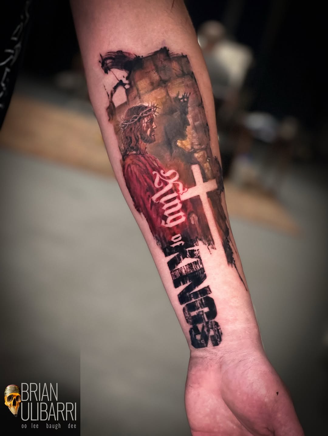 A classical male bust portrait with a glowing neon cross and red text rendered in color realism on the forearm.