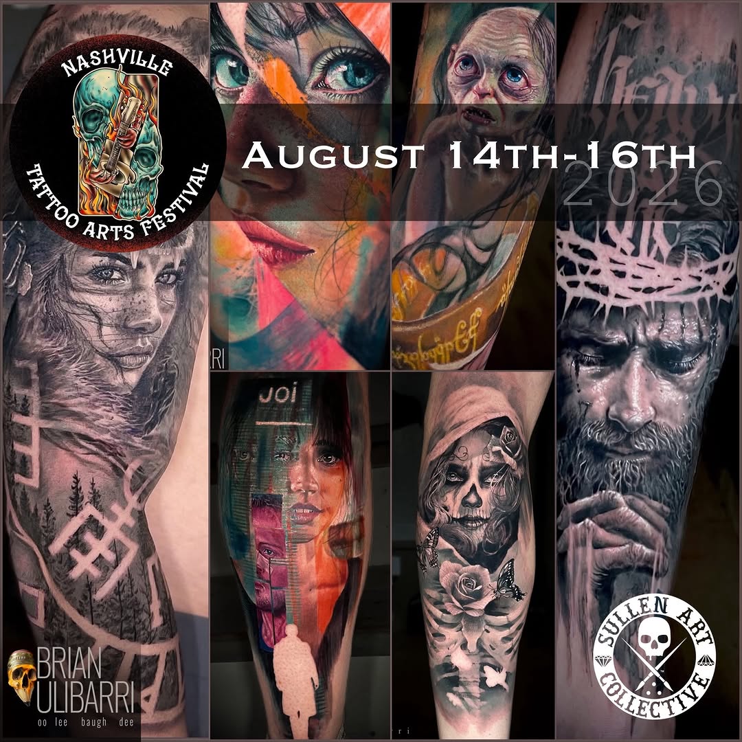 Multiple color realism portraits and figures featuring realistic skin tones, eyes, and detailed facial features with vibrant colored inks on various body placements.