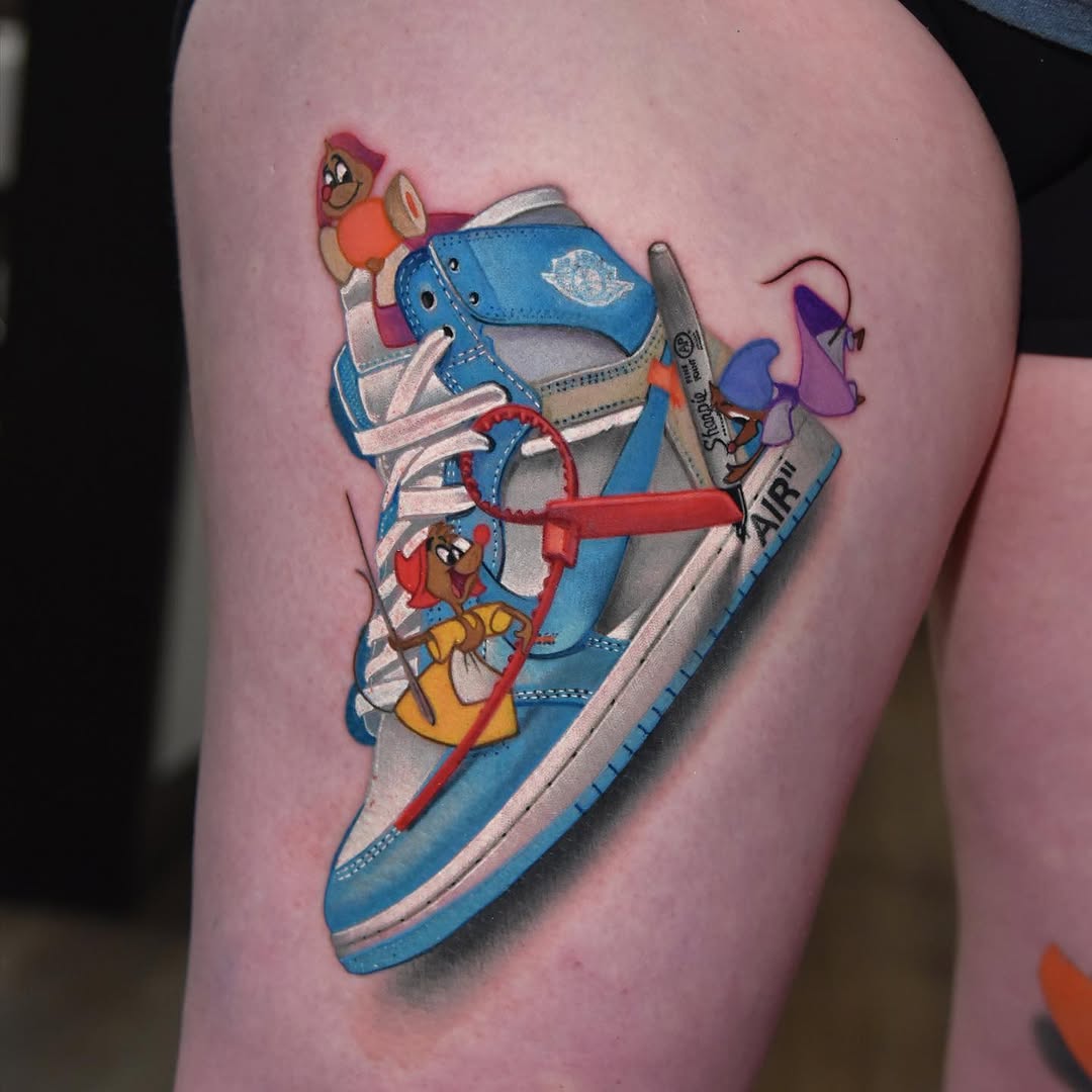 Air Jordan sneaker with cartoon characters perched on it, rendered in vibrant saturated colors with dimensional shading on thigh.