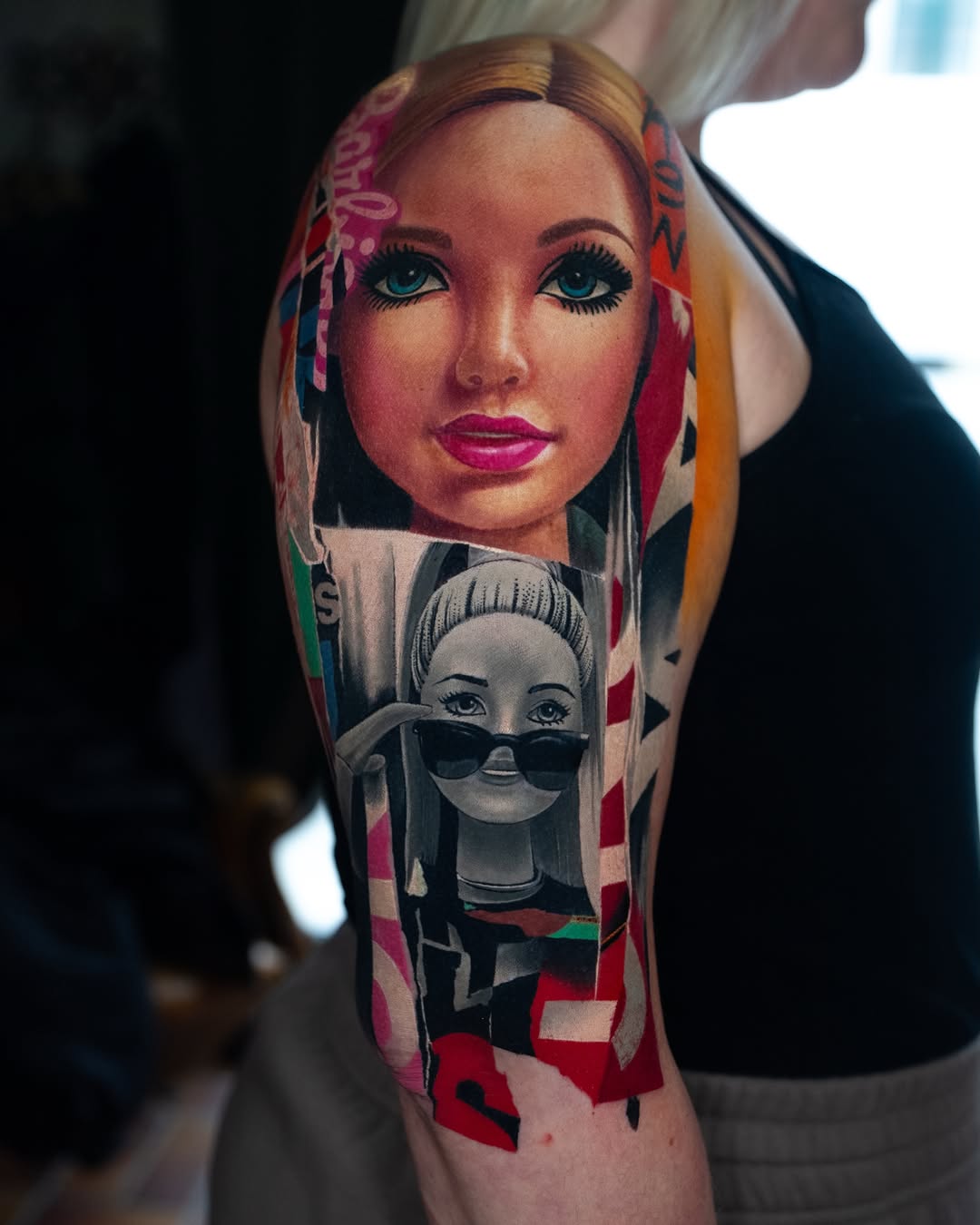 Two stylized female portraits with vibrant magenta, yellow, and red hair segments, colorful geometric background elements on upper arm.