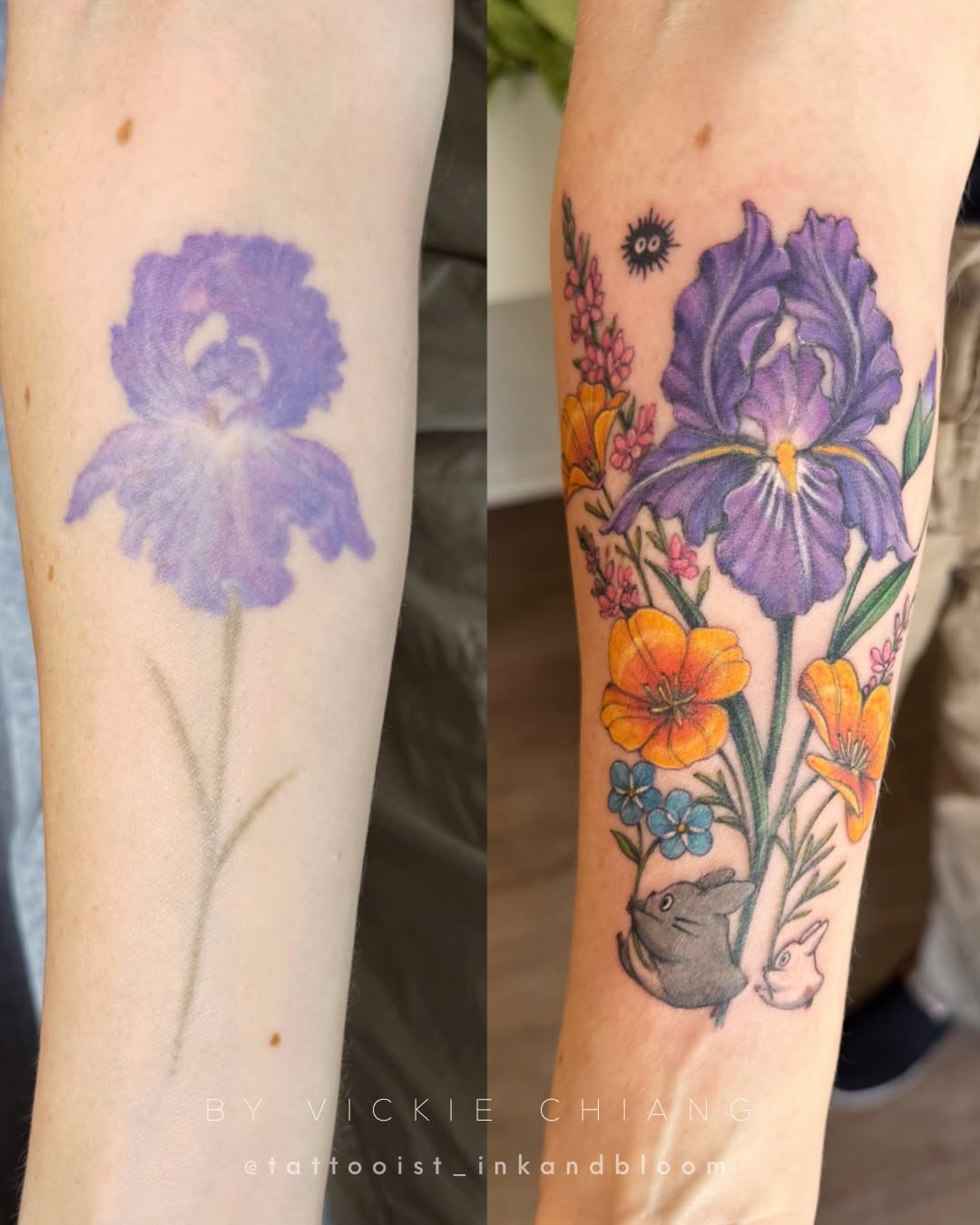 Before/after cover-up: faded iris transformed into vibrant purple iris surrounded by orange nasturtiums, small flowers, and mice on forearm.