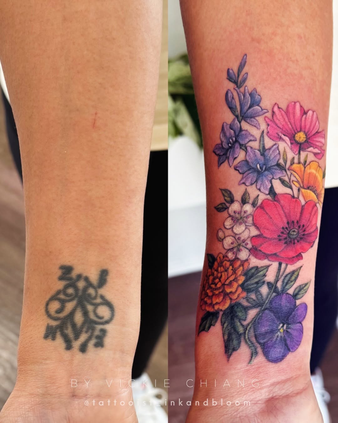 Left leg shows old tribal/script tattoo covered by vibrant floral bouquet on right leg featuring peonies, daisies, and purple flowers.