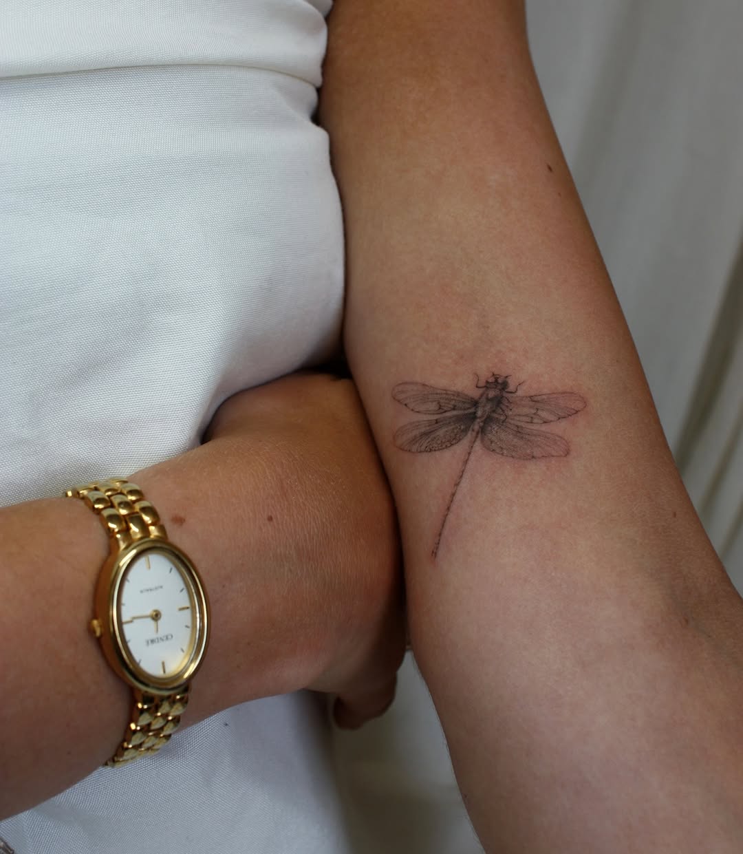 Delicate single-needle dragonfly tattoo on the inner forearm with minimal shading and hairline linework.