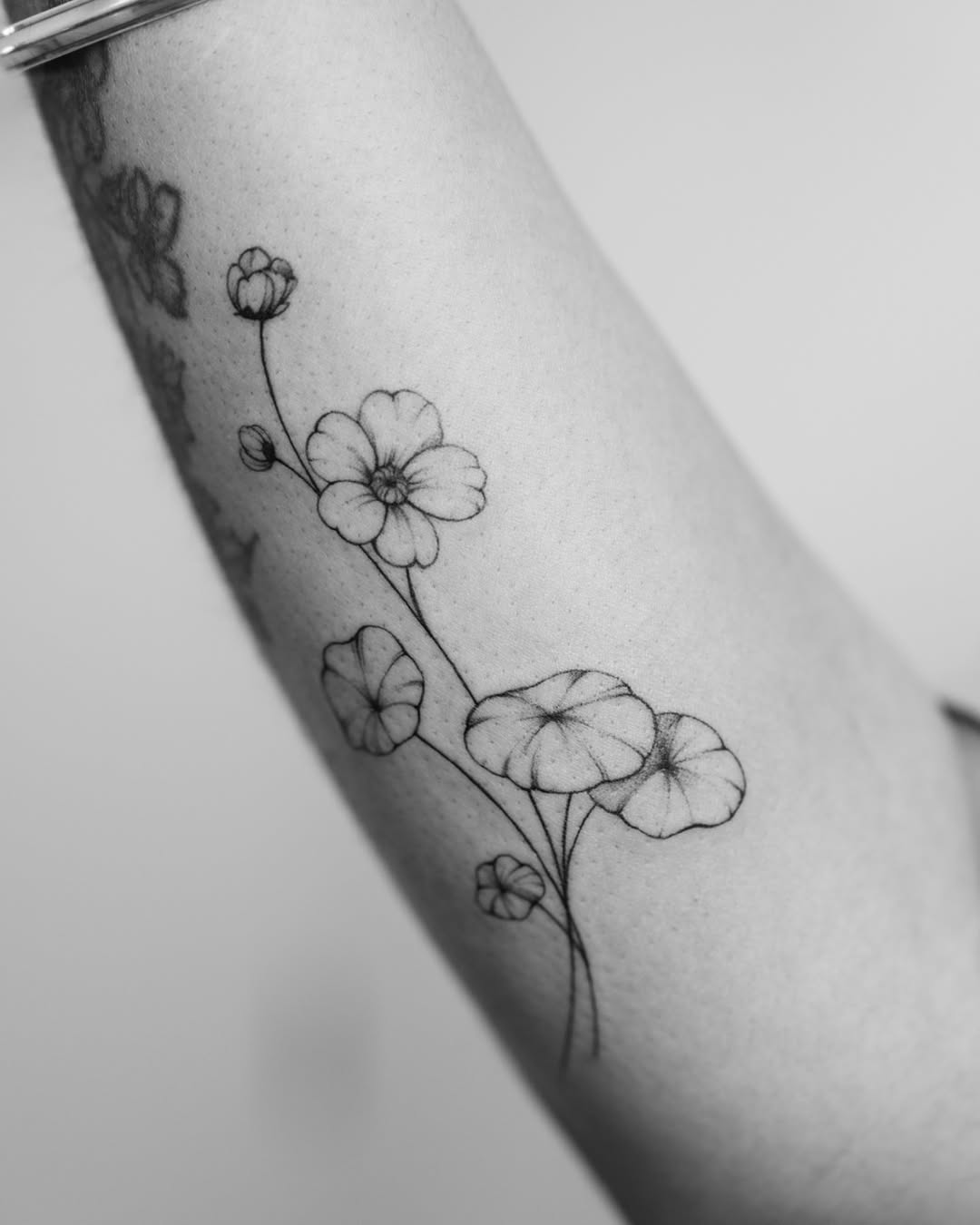 Delicate line-work botanical tattoo featuring thin-stemmed flowers with round petals and buds on the calf.