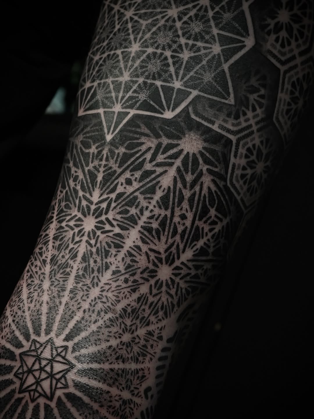 Intricate mandala and geometric linework tattoo covering the forearm and upper arm with precise symmetrical patterns and dotwork stippling.