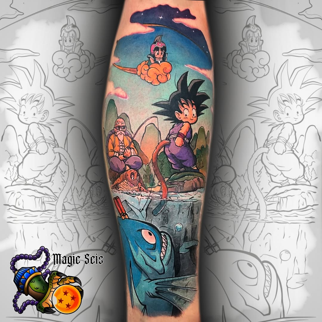 Dragon Ball Z scene featuring young Goku, Master Roshi, and Krillin with Shenron below on forearm.