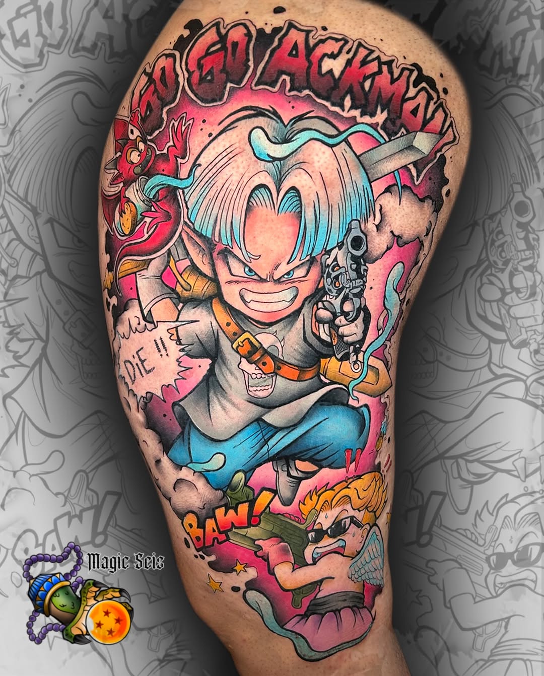 Anime character with blue hair wielding guns, surrounded by comic effects and bold lettering on upper arm.