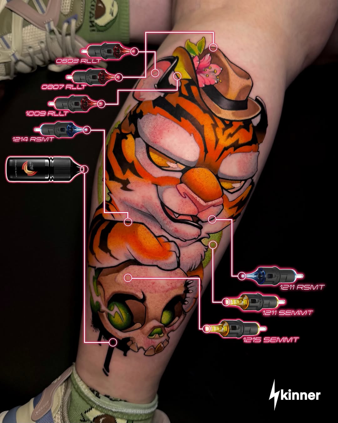 Colorful tiger face with pink flowers and skull with green eyes on lower leg, with equipment diagram overlay.