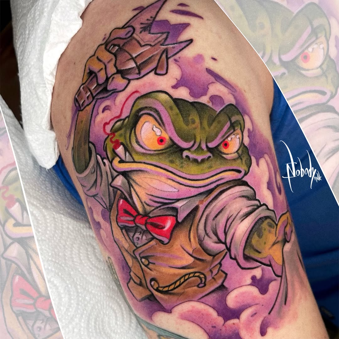 Cartoon goblin character with exaggerated features, red bow tie, and magical lightning bolts, rendered in vibrant purples and greens on upper arm.