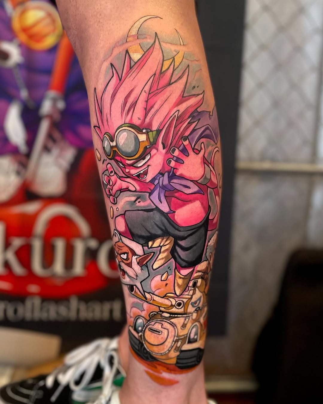 Anime character with pink spiky hair and goggles on forearm, vibrant saturated colors with 3D cartoon rendering and painted lighting effects.
