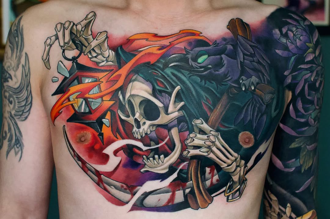 Colorful chest tattoo featuring two skulls with flowing red ribbon, skeletal hands, and dark demonic imagery with bright saturated colors.