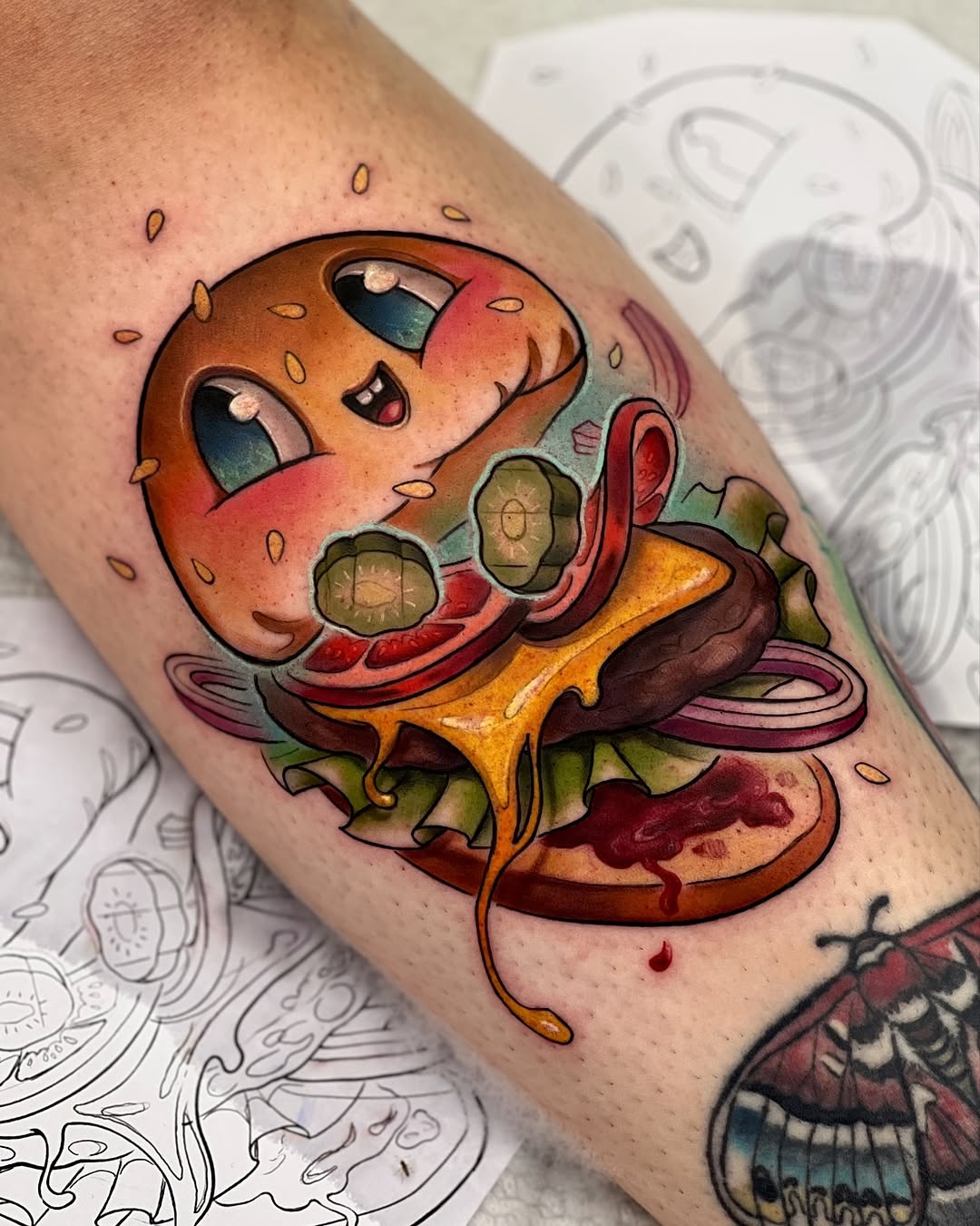 Cartoon character with large expressive eyes eating a layered sandwich, rendered with vibrant saturated colors and 3D volume shading on the forearm.