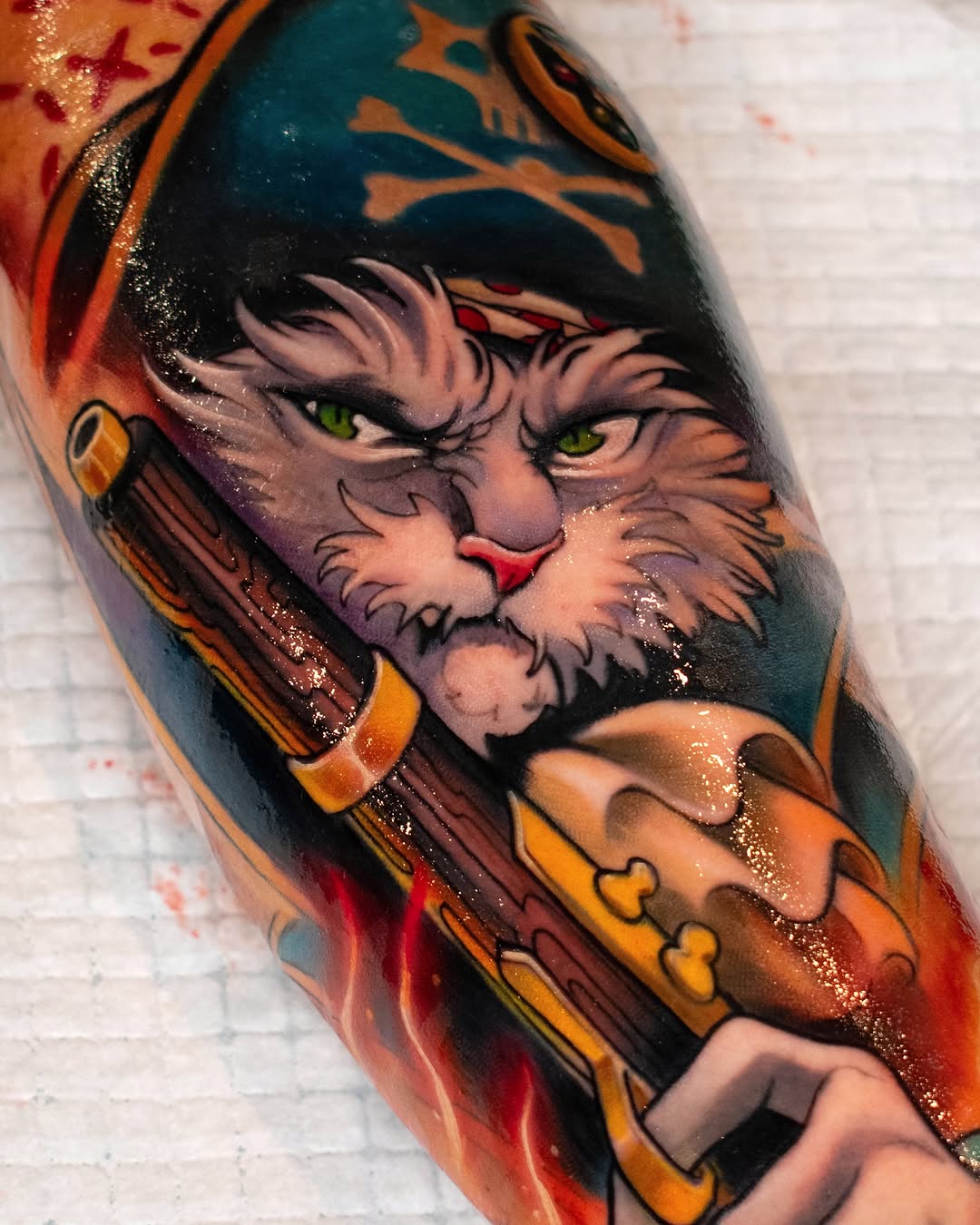 Pirate cat with green eyes, red nose, and detailed fur holding a sword with ornate gold hilt on forearm.